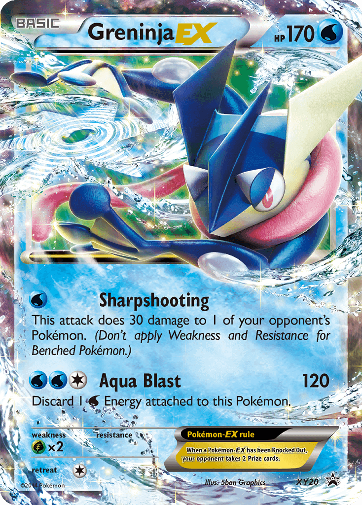 Greninja EX (XY20) [XY: Black Star Promos] card featuring Sharp Shooting and Aqua Blast attacks.