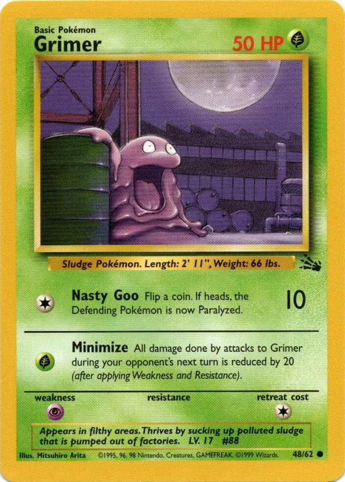 Grimer (48/62) [Fossil Unlimited] card showcasing its abilities Nasty Goo and Minimize, depicting a grass-type Pokémon.