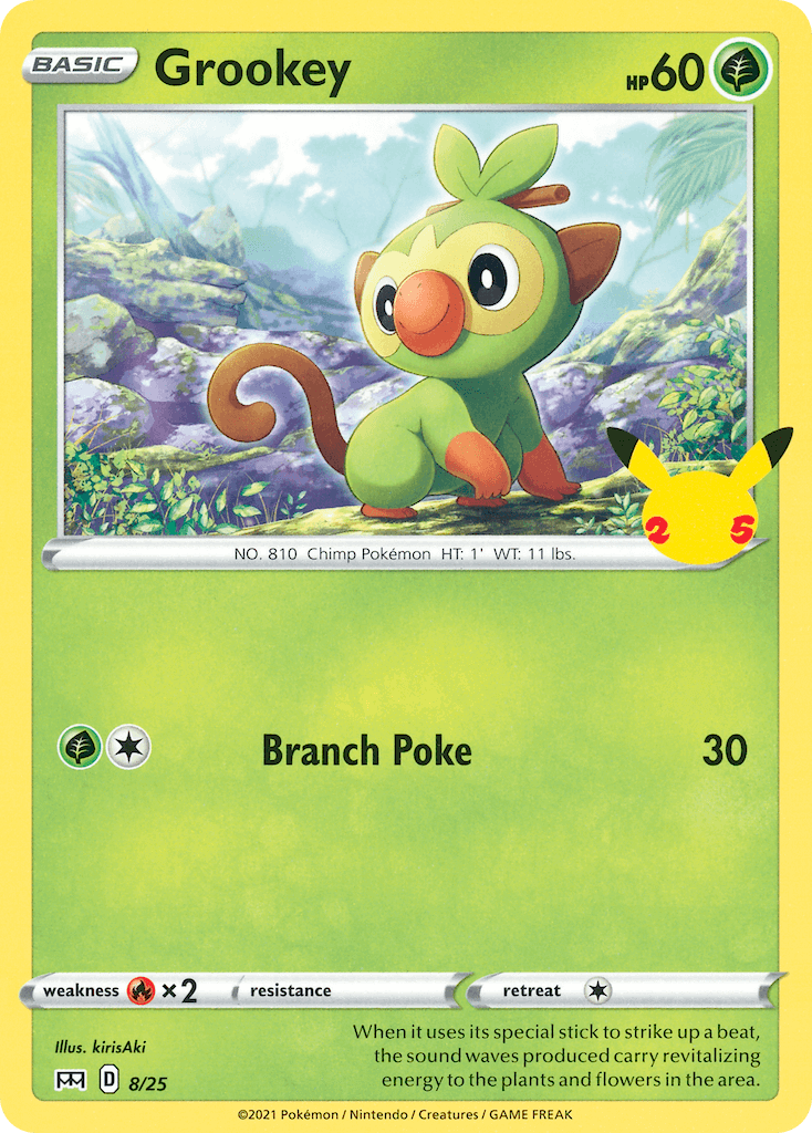 Grookey (8/25) [McDonald's 25th Anniversary] card featuring the Grass type Pokémon with Branch Poke move.