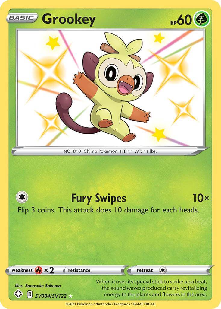 Grookey (SV004/SV122) [Sword & Shield: Shining Fates] card featuring Grass type and Ultra Rare rarity.