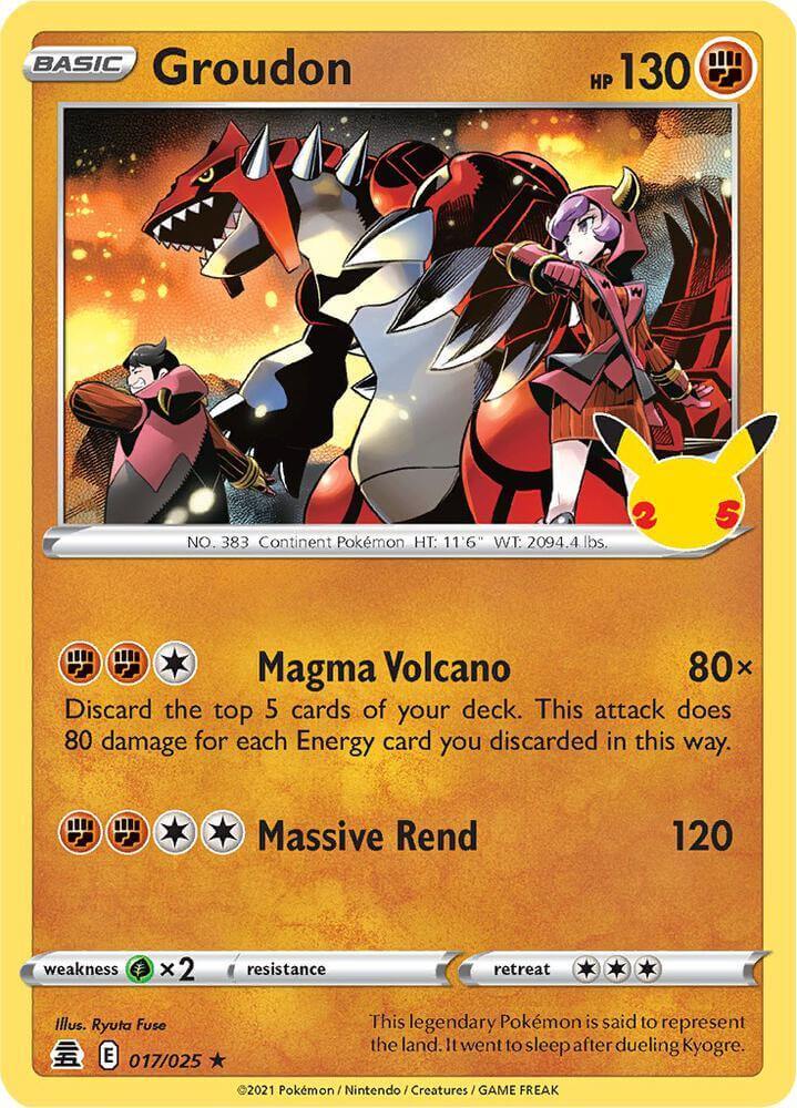 Groudon (017/025) [Celebrations: 25th Anniversary] Holo Rare card featuring Fighting type and attack details.