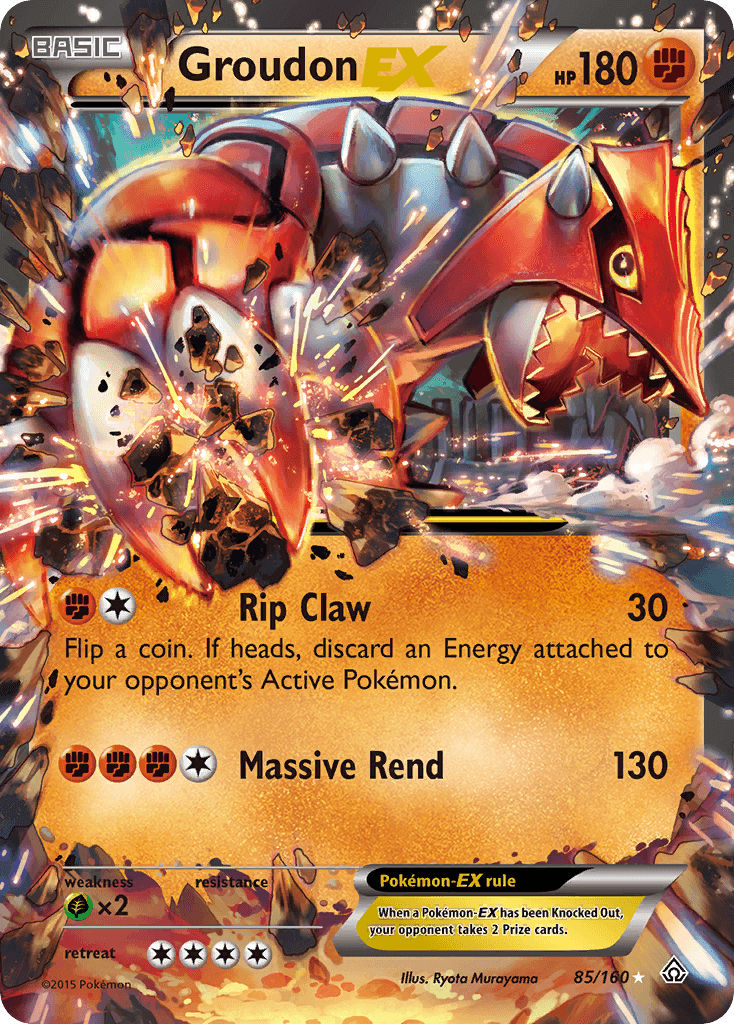 Groudon EX (85/160) [XY: Primal Clash] card showcasing its abilities Rip Claw and Massive Rend.