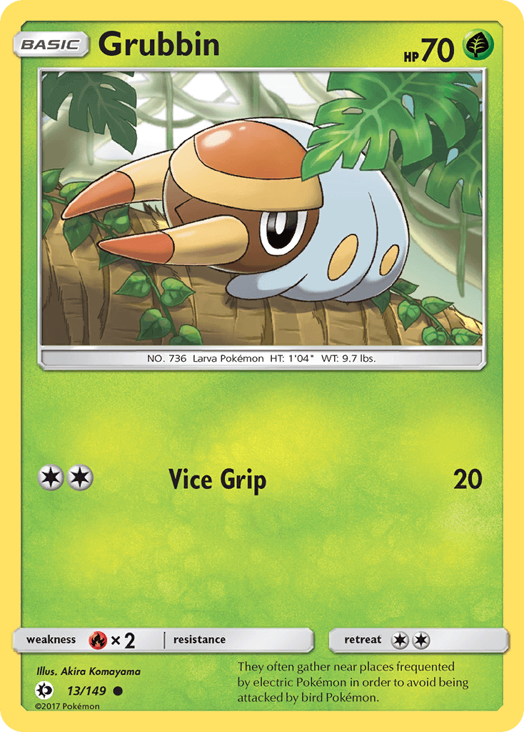 Grubbin (13/149) [Sun & Moon: Base Set] card displaying its attack Vice Grip and thematic background.