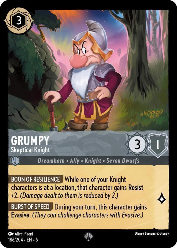 Grumpy - Skeptical Knight (181/204) [Shimmering Skies] character card illustration with abilities.