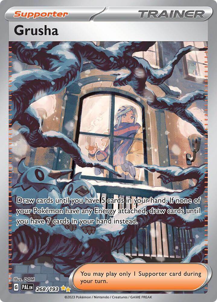 Grusha (268/193) [Scarlet & Violet: Paldea Evolved] Supporter card illustration showing trainer and Pokémon.
