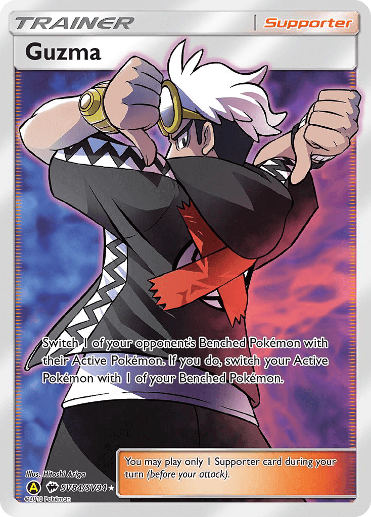 Guzma (SV84/SV94) [Sun & Moon: Hidden Fates - Shiny Vault] Supporter card displayed in the image.