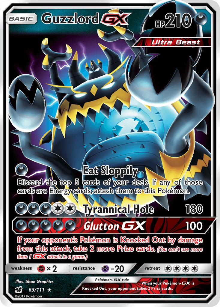 Guzzlord GX (63/111) [Sun & Moon: Crimson Invasion] card showcasing its abilities and stats.