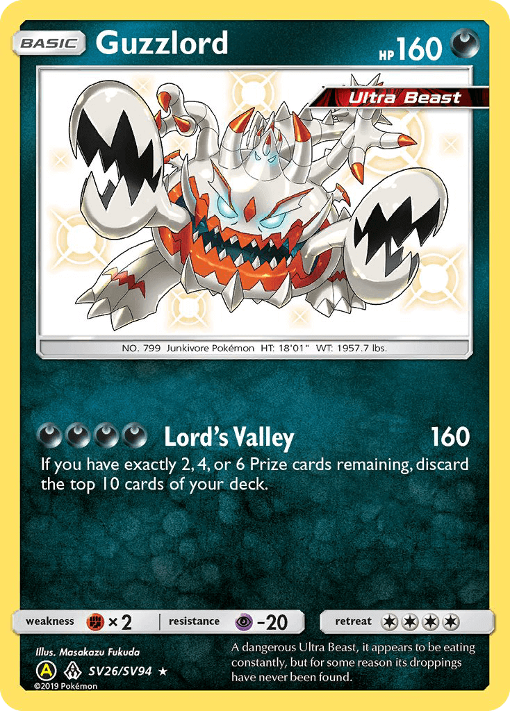 Guzzlord (SV26/SV94) [Sun & Moon: Hidden Fates - Shiny Vault] ultra rare card featuring Lord's Valley attack.