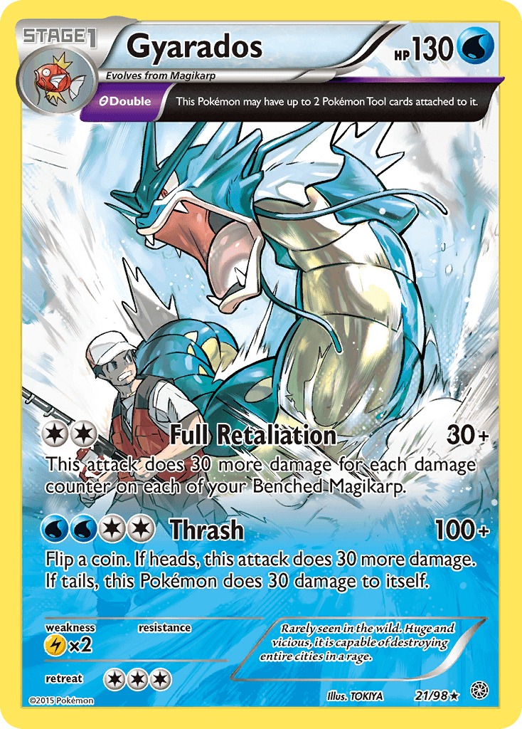 Gyarados (21/98) [XY: Ancient Origins] holo rare card featuring water type abilities and attacks.