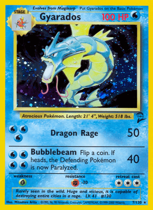 Gyarados (7/130) [Base Set 2] trading card featuring Dragon Rage and Bubblebeam abilities, holographic rare design.
