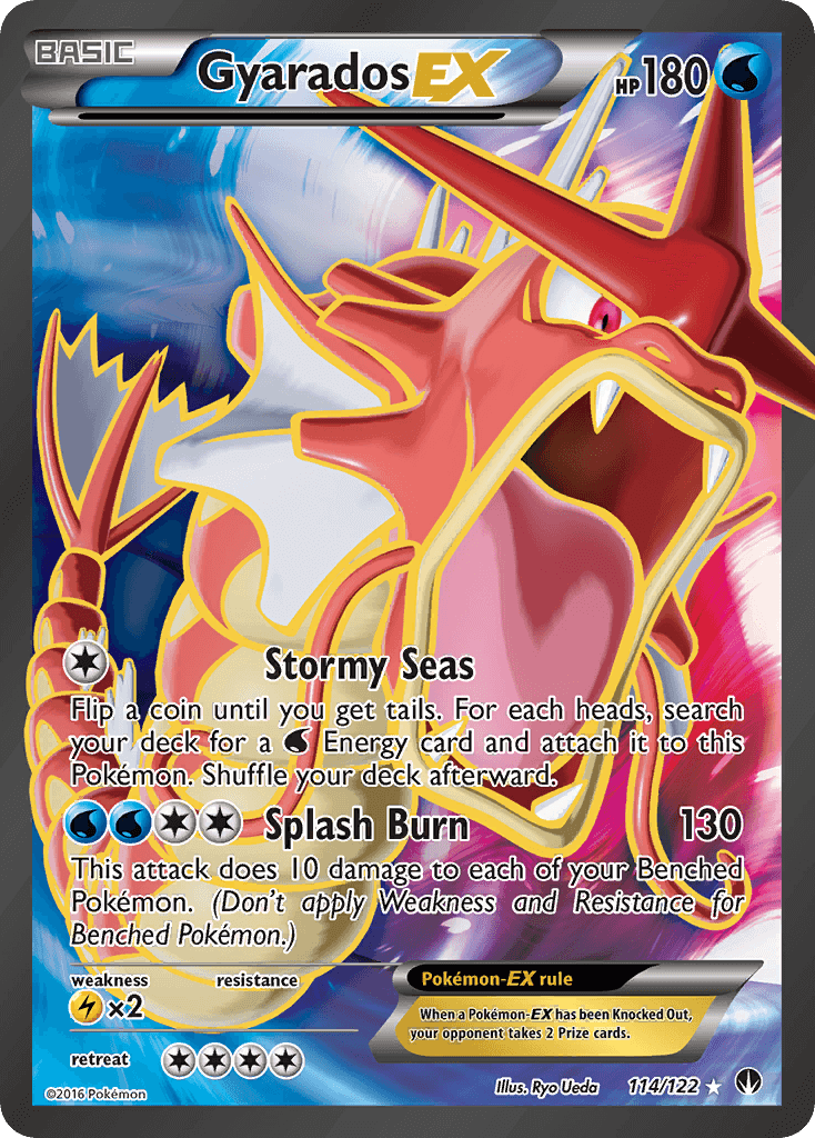 Gyarados EX (114/122) [XY: BREAKpoint] card showcasing its abilities Stormy Seas and Splash Burn.