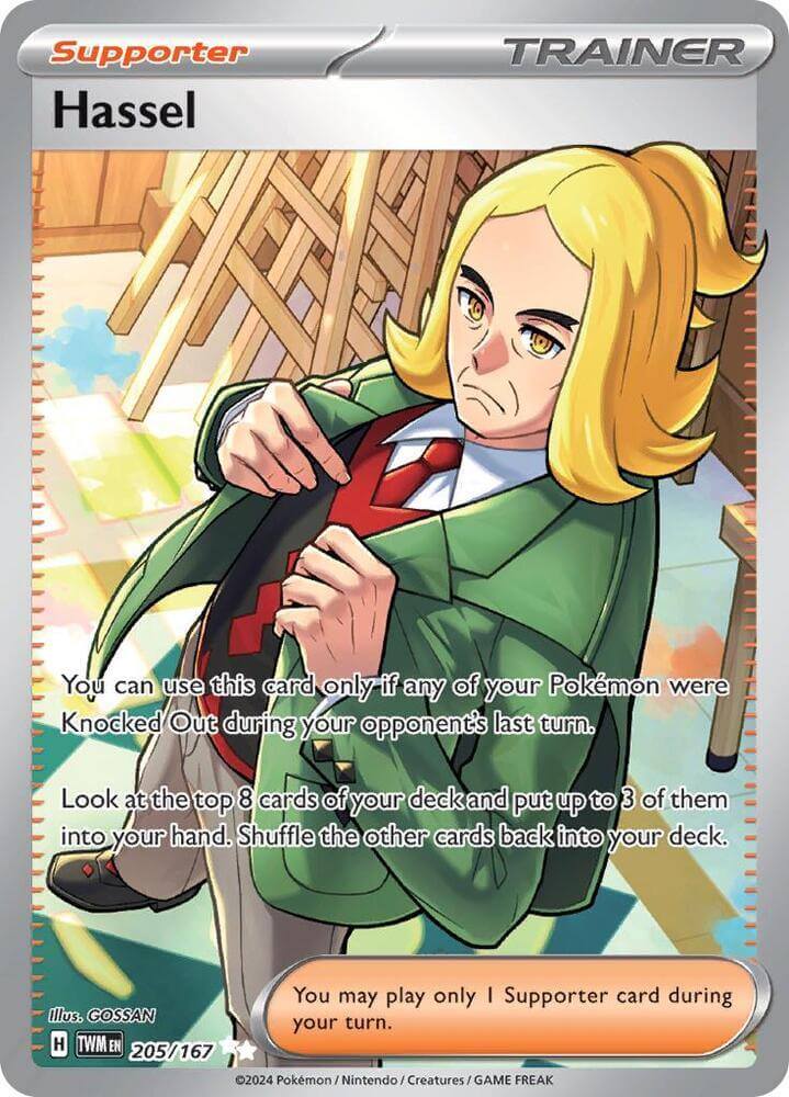 Hassel (205/167) [Scarlet & Violet: Twilight Masquerade] card artwork featuring a Supporter trainer.