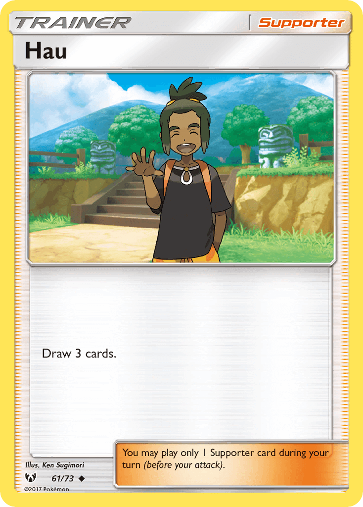 Hau (61/73) [Sun & Moon: Shining Legends] Trainer card featuring Hau, an Uncommon Supporter. Draw 3 cards.