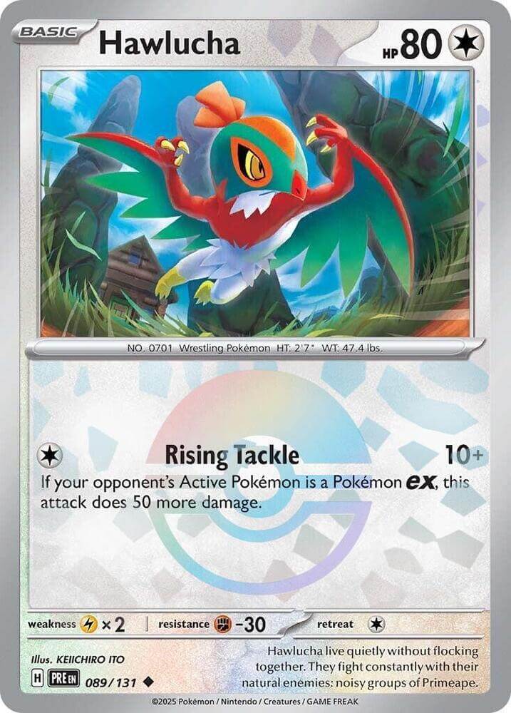 Hawlucha (089/131) (Poke Ball Pattern) [Scarlet & Violet: Prismatic Evolutions] card showcasing its Rising Tackle move.