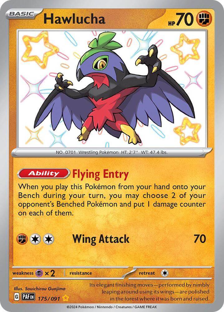 alt_tag: Hawlucha (175/08) [Scarlet & Violet: Paldean Fates] card featuring Flying Entry ability and Wing Attack.