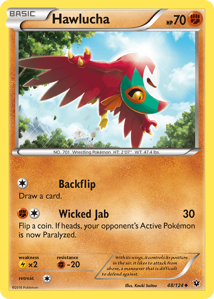 Hawlucha (48/124) [XY: Fates Collide] card showing Fighting type Pokémon with abilities Backflip and Wicked Jab.