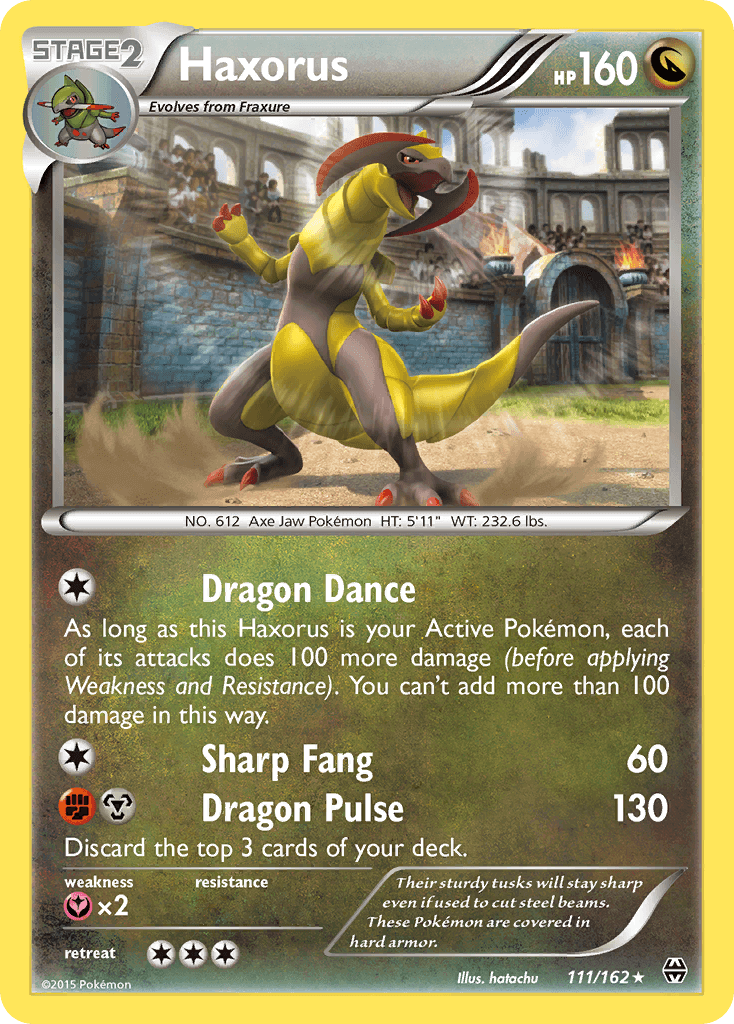 Haxorus (111/162) [XY: BREAKthrough] holo rare Dragon type Pokémon card with detailed stats.