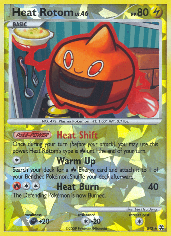 Heat Rotom (RT3) [Platinum: Rising Rivals] card featuring its abilities Heat Shift, Warm Up, and Heat Burn.