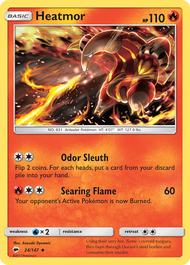 Heatmor (24/147) [Sun & Moon: Burning Shadows] card showcasing its Odor Sleuth and Searing Flame abilities.