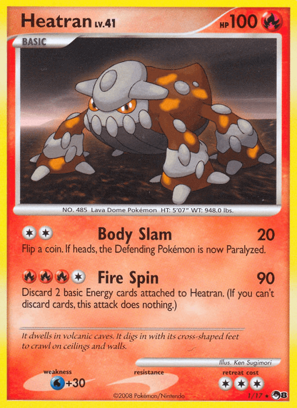 Heatran (1/17) [POP Series 8] rare Pokémon card featuring Fire type with unique abilities and retreat cost.