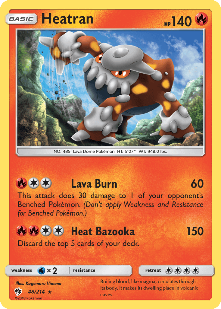 Heatran (48/214) [Sun & Moon: Lost Thunder] holo rare card featuring Lava Burn and Heat Bazooka attacks.