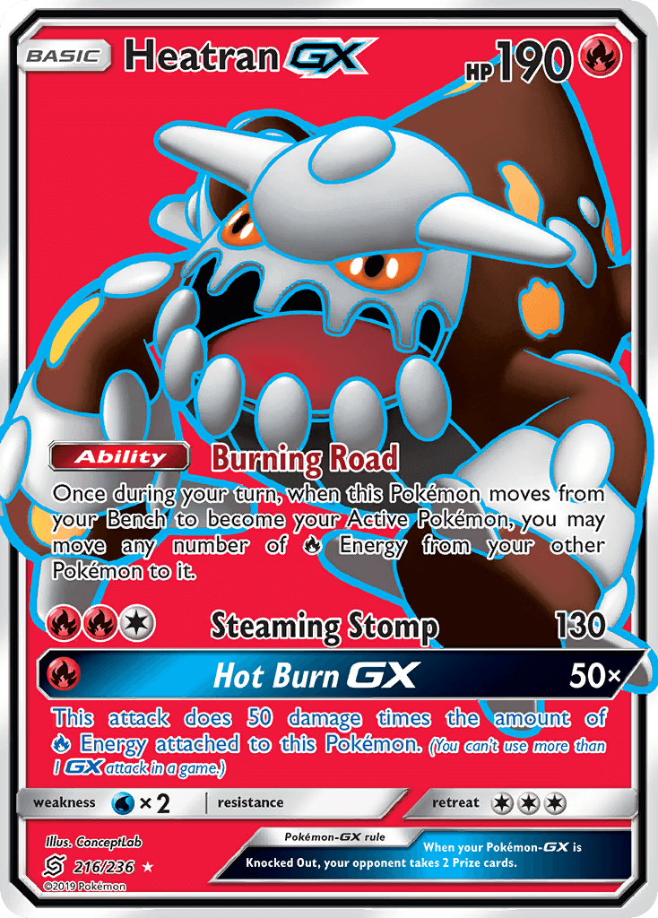 Heatran GX (216/236) [Sun & Moon: Unified Minds] card showcasing abilities and HP in a vibrant design.