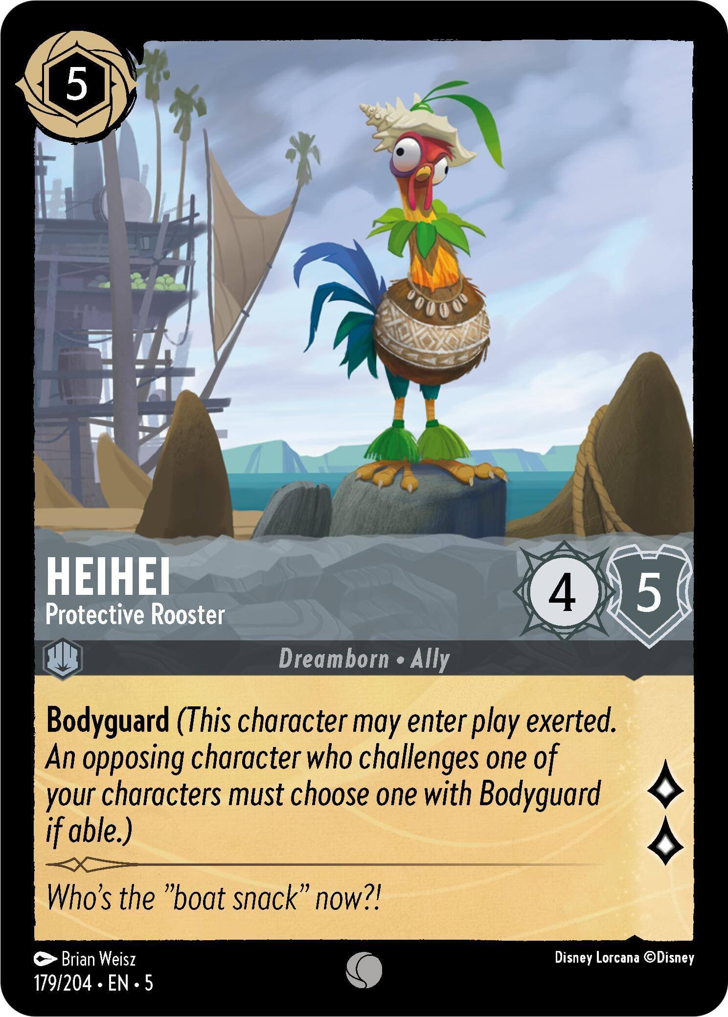 HeiHei - Protective Rooster (179/204) [Shimmering Skies] card featuring Bodyguard ability and vibrant design.