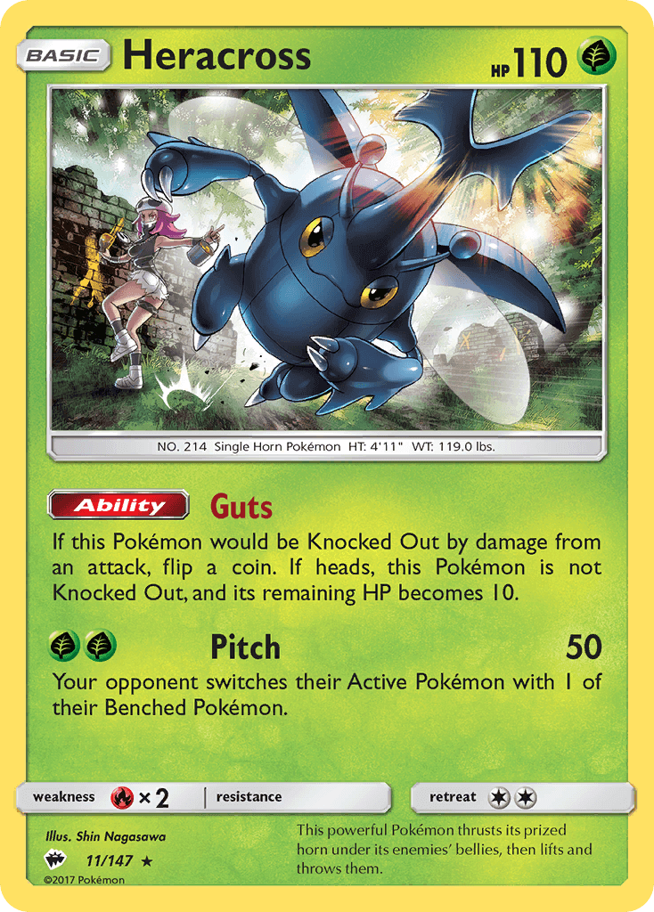 Heracross (11/147) [Sun & Moon: Burning Shadows] card featuring its Guts ability and attack stats.
