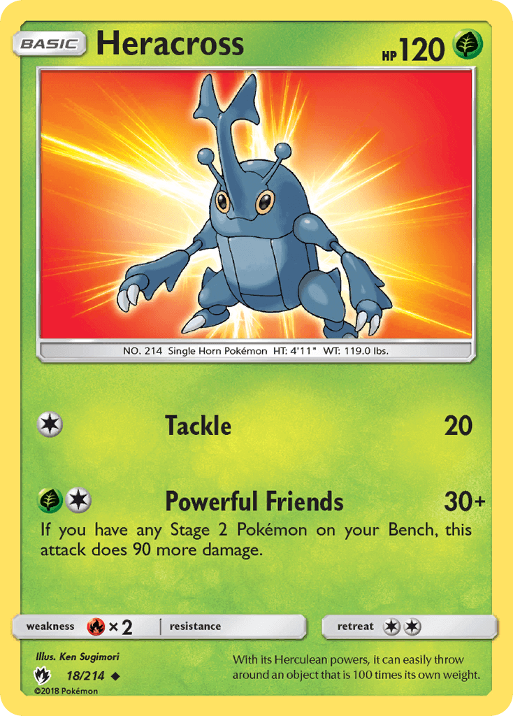 Heracross (18/214) [Sun & Moon: Lost Thunder] card featuring its abilities and HP stats.