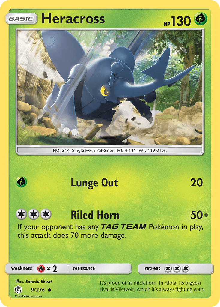 Heracross (9/236) [Sun & Moon: Cosmic Eclipse] card showing Lunge Out and Riled Horn attacks.