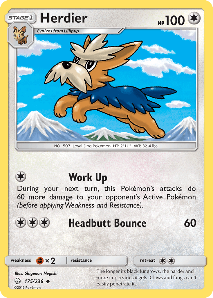 Herdier (175/236) [Sun & Moon: Cosmic Eclipse] trading card featuring Work Up and Headbutt Bounce abilities.