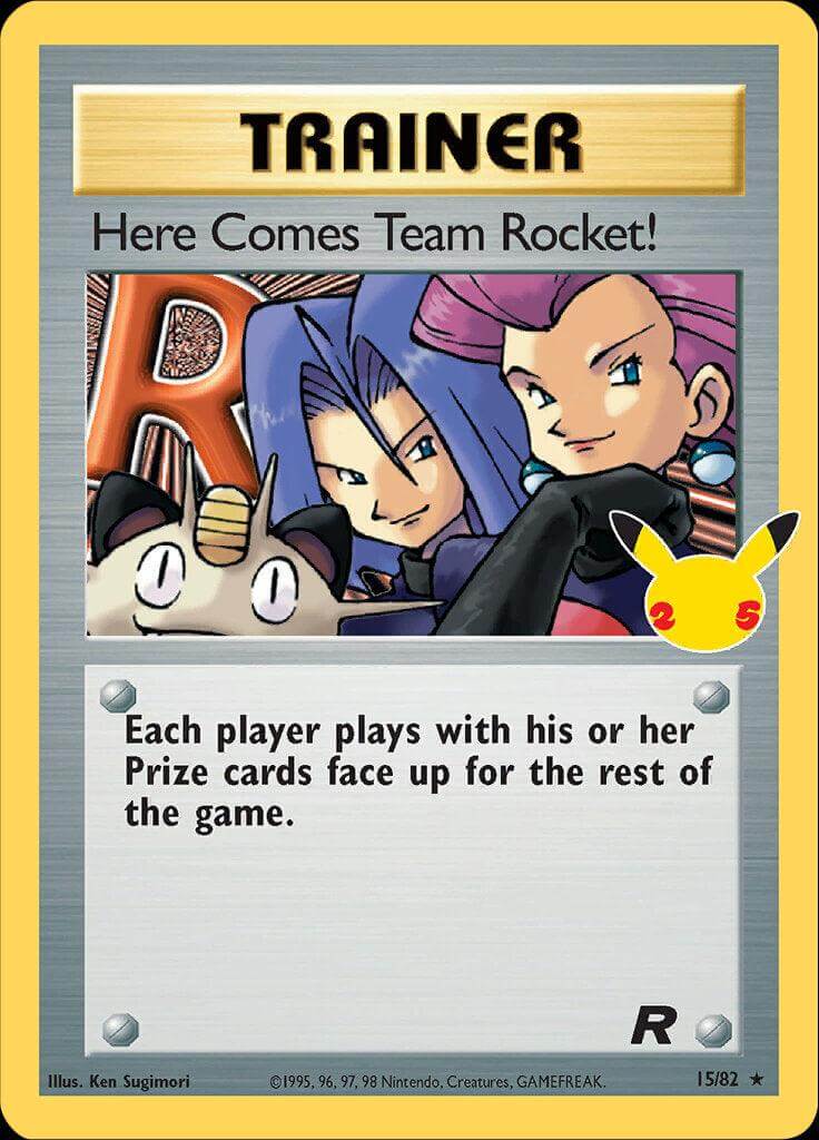 Here Comes Team Rocket! (15/82) [Celebrations: 25th Anniversary - Classic Collection] Holo Rare Trainer card featuring Team Rocket.
