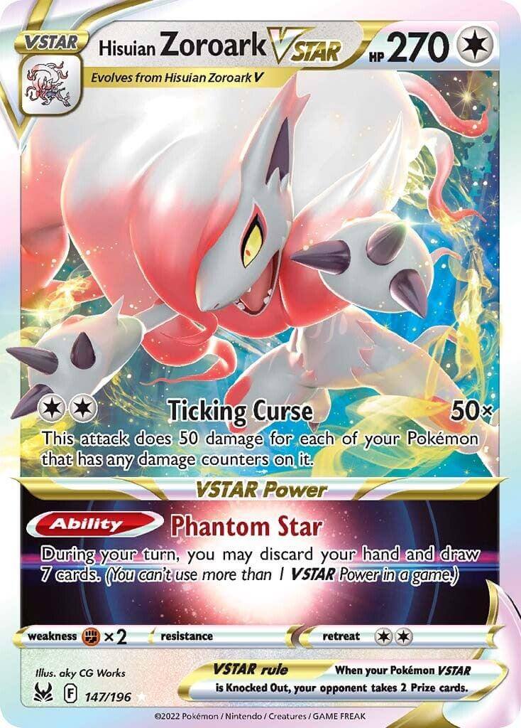 Hisuian Zoroark VSTAR (147/196) [Sword & Shield: Lost Origin] card showcasing Ticking Curse and Phantom Star abilities.