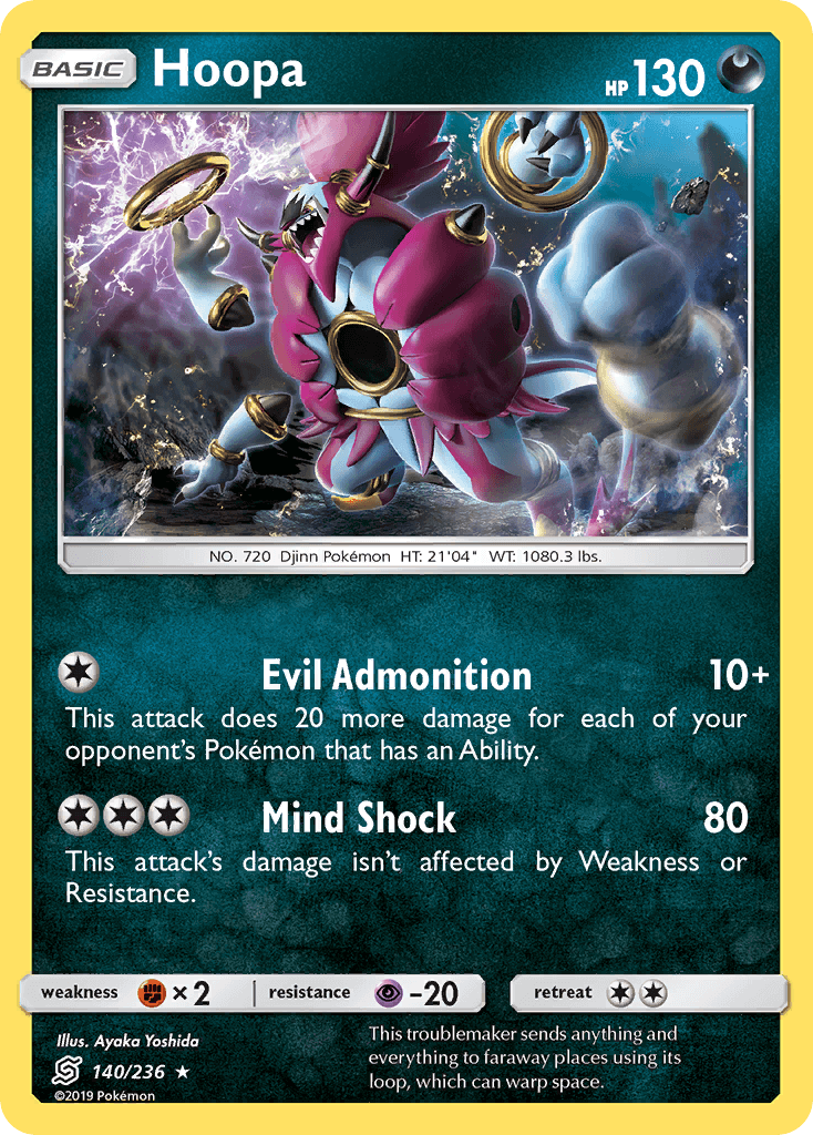 Hoopa (140/236) [Sun & Moon: Unified Minds] card featuring Evil Admonition and Mind Shock attacks.