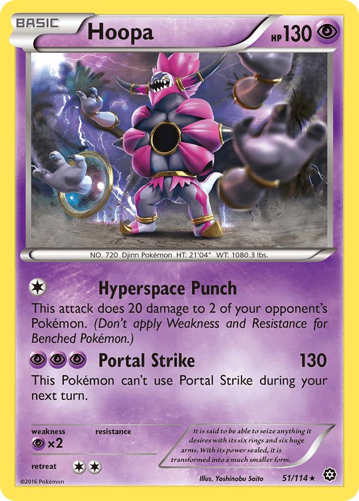 Hoopa (51/114) [XY: Steam Siege] Psychic type card showcasing Hyperspace Punch and Portal Strike.