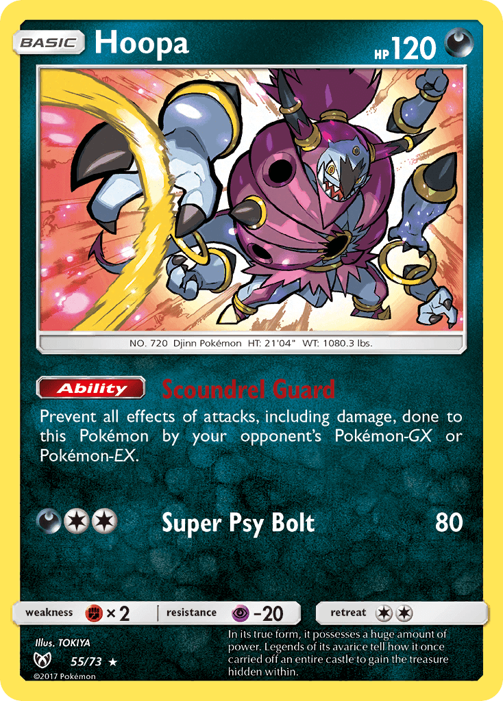 Hoopa (55/73) [Sun & Moon: Shining Legends] Holo Rare card featuring Scoundrel Guard ability.