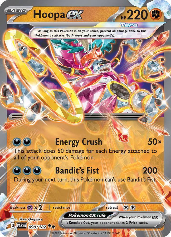 Hoopa ex (098/182) [Scarlet & Violet: Paradox Rift] card showcasing Energy Crush and Bandit's Fist abilities.