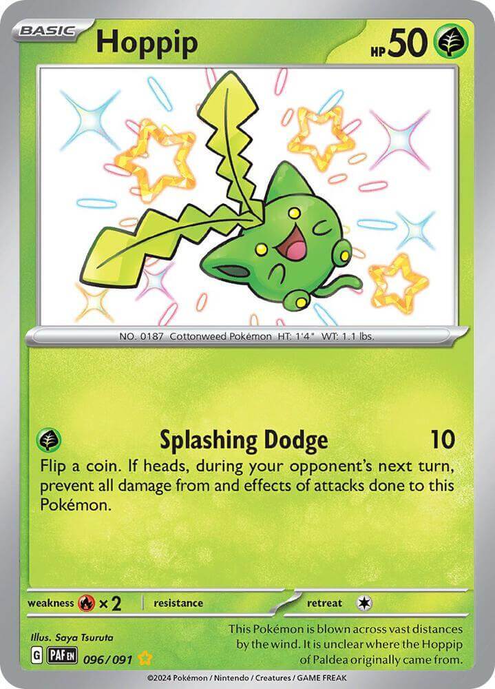 Hoppip (096/091) [Scarlet & Violet: Paldean Fates] card featuring a shiny rare Grass type Pokémon.