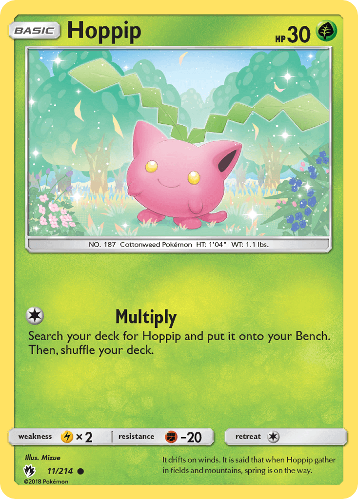Hoppip (11/214) [Sun & Moon: Lost Thunder] featuring a cute pink Pokémon in a lush green forest.