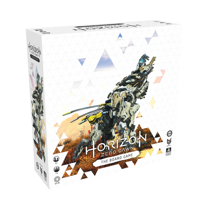 Horizon Zero Dawn: The Board Game by Steamforged Games with box art featuring hunters and robotic machines in tactical gameplay setting