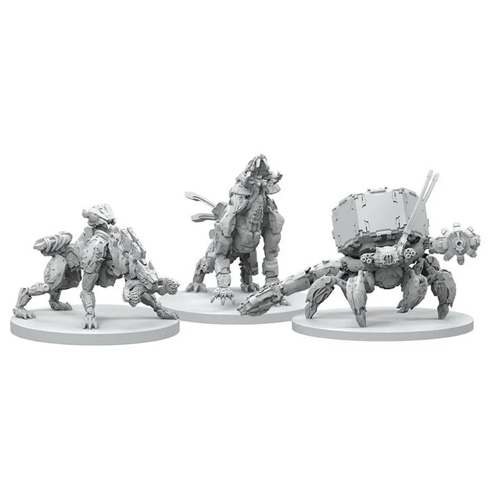 Close-up of Horizon Zero Dawn board game miniatures featuring Sawtooth, Watcher, and tribal hunter figure