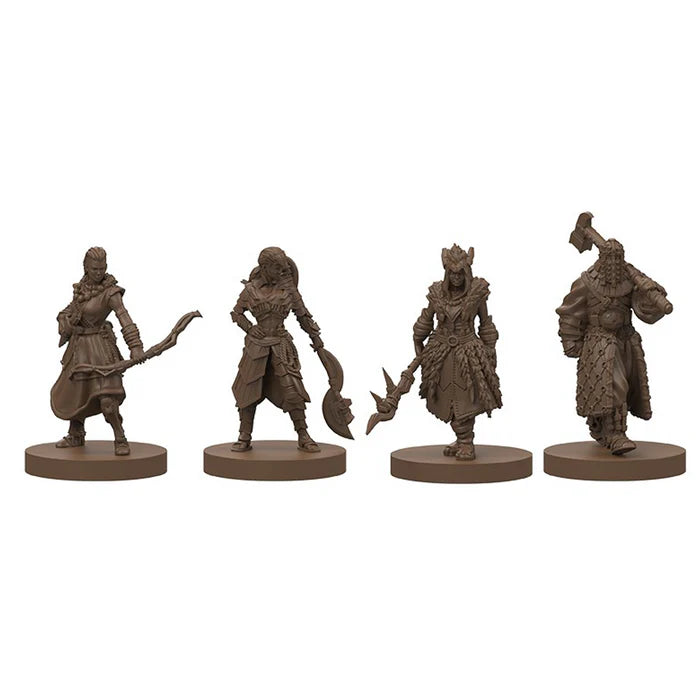 Close-up of Horizon Zero Dawn board game miniatures featuring Sawtooth, Watcher, and tribal hunter figure