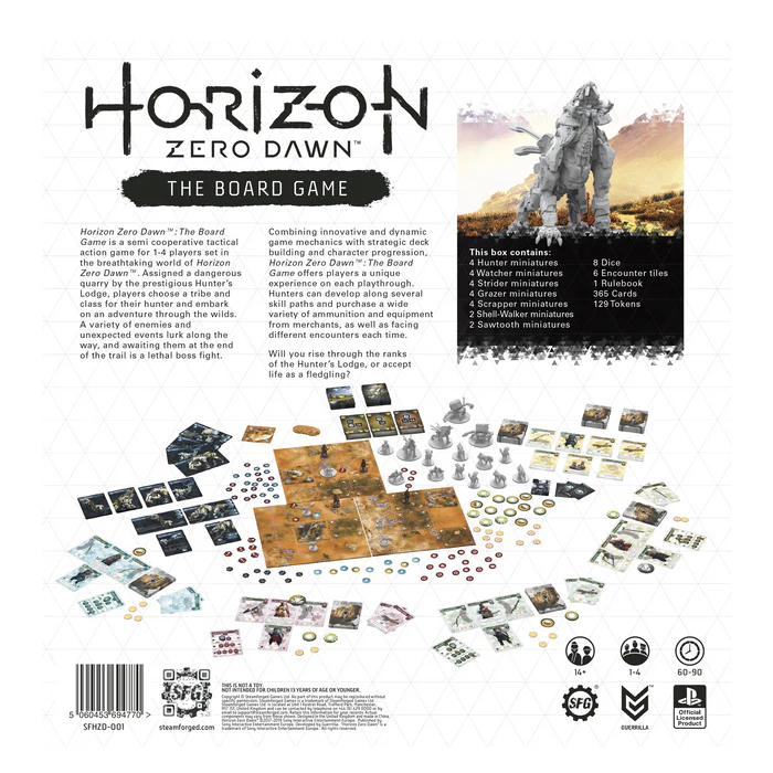 Gameplay setup of Horizon Zero Dawn board game showing hunters on modular board tiles with cards and miniatures in play