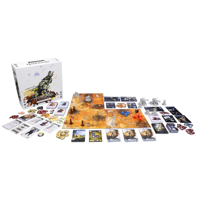 Unboxed components of Horizon Zero Dawn board game including miniatures, cards, modular board tiles, and player dashboards