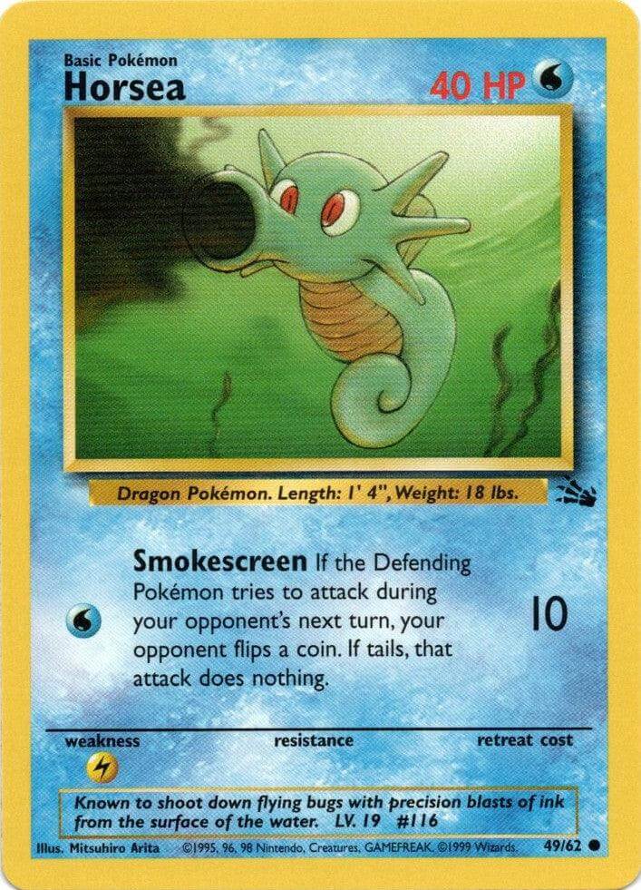 Horsea (49/62) [Fossil Unlimited] trading card featuring Water-type Pokémon with 40 HP and Smokescreen move.