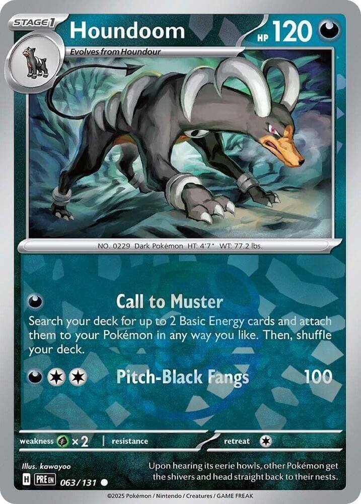 Houndoom (063/131) (Master Ball Pattern) [Scarlet & Violet: Prismatic Evolutions] card with HP 120 and abilities.