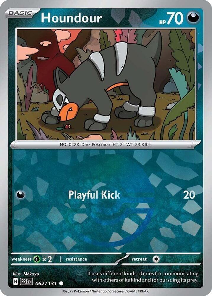 Houndour (062/131) (Poke Ball Pattern) [Scarlet & Violet: Prismatic Evolutions] card showcasing the Dark Pokémon.