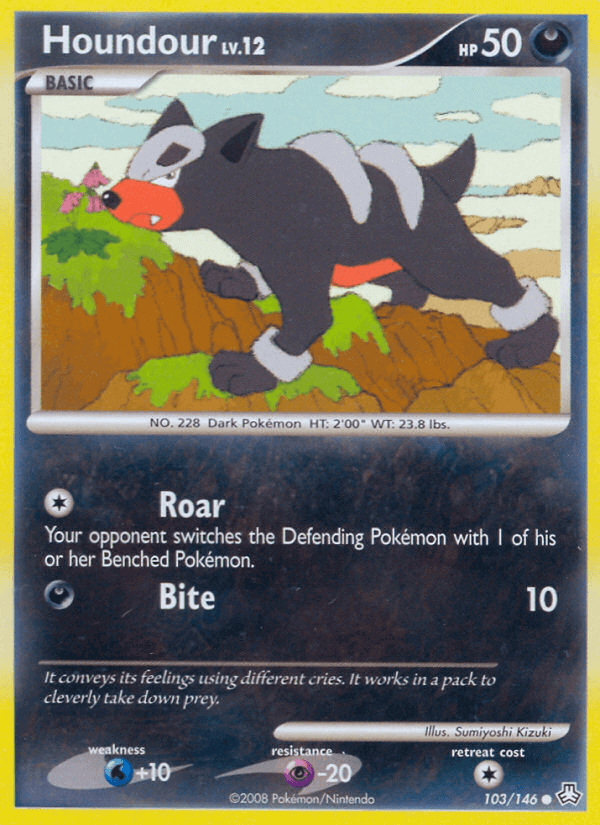 Houndour (103/146) [Diamond & Pearl: Legends Awakened] Pokémon card featuring a Dark-type creature with unique abilities.