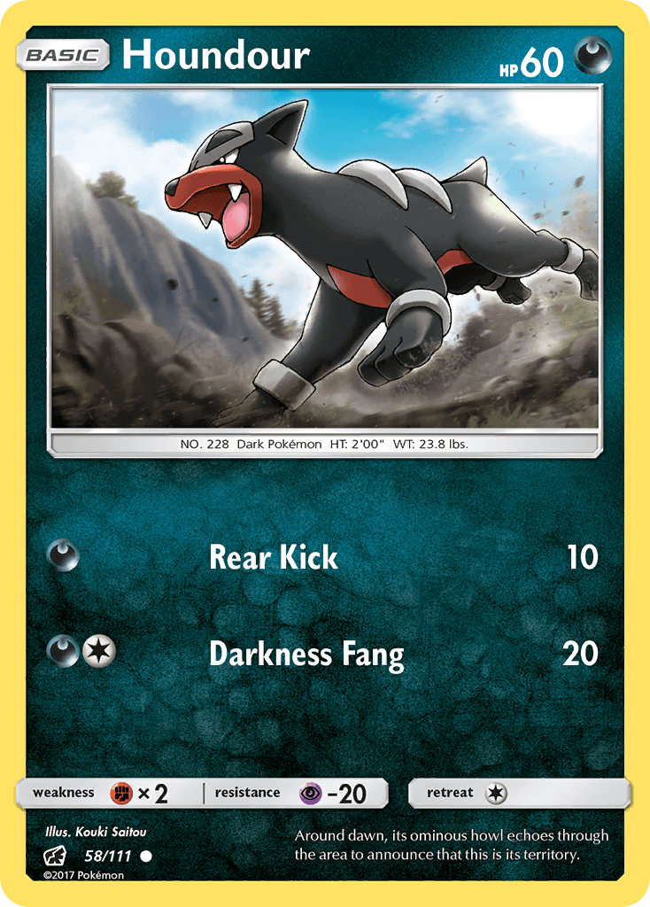 Houndour (58/111) [Sun & Moon: Crimson Invasion] Pokémon card featuring Darkness type illustration.