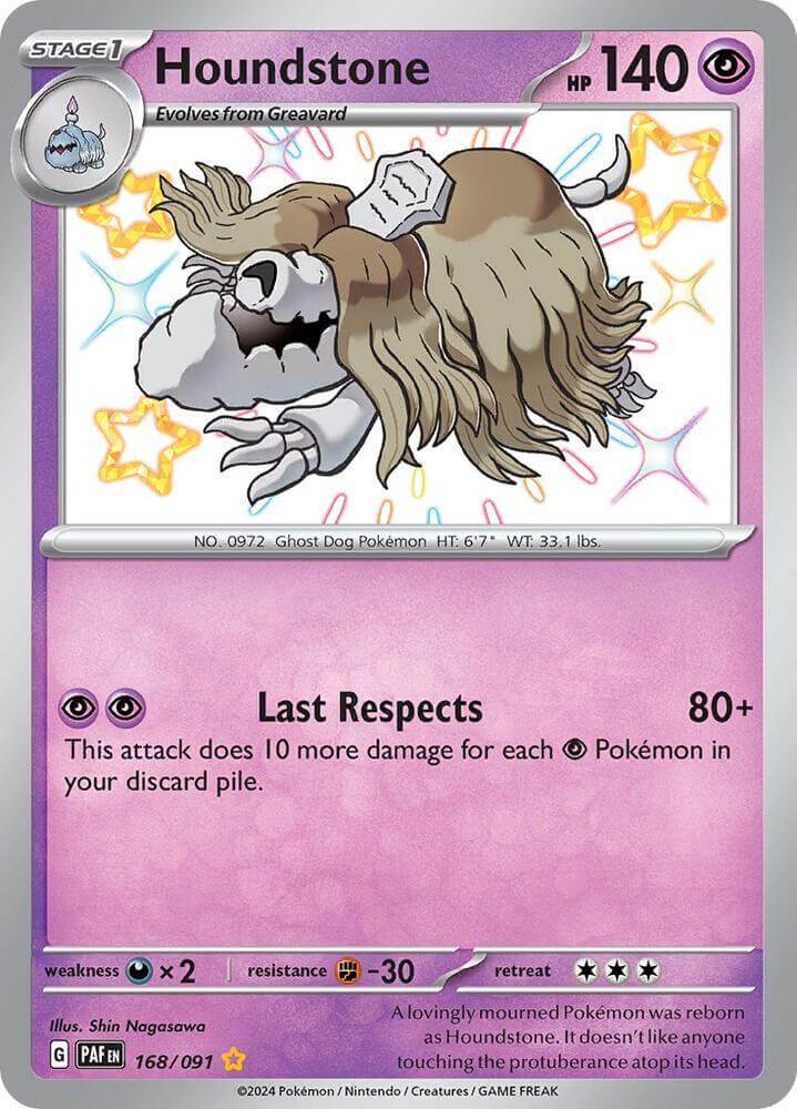 Houndstone (168/091) [Scarlet & Violet: Paldean Fates] Psychic Shiny Rare Pokémon card with Last Respects attack.